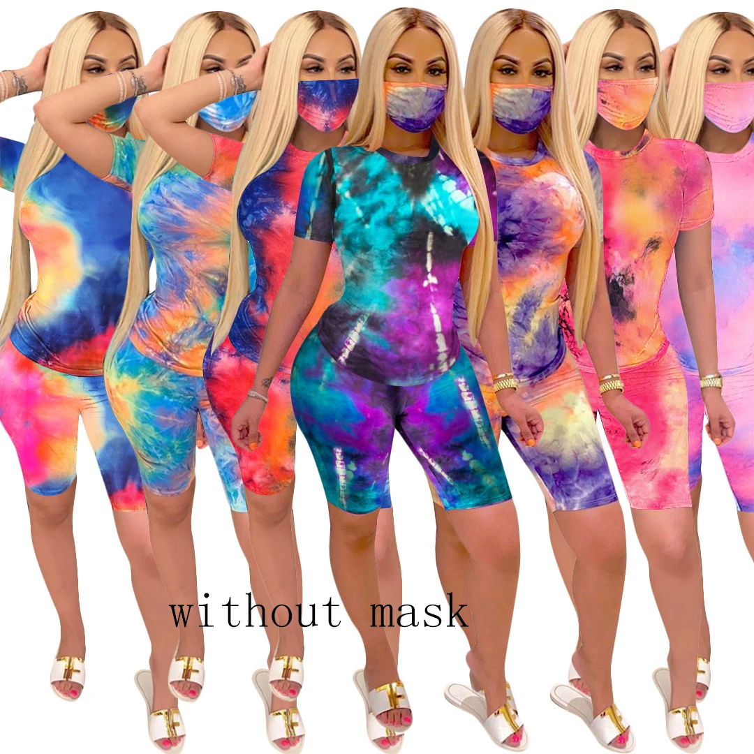 

Wholesale Women Clothing Tie-dye Short Sleeves Casual 2 Piece Women Outfit track suit biker short sets
