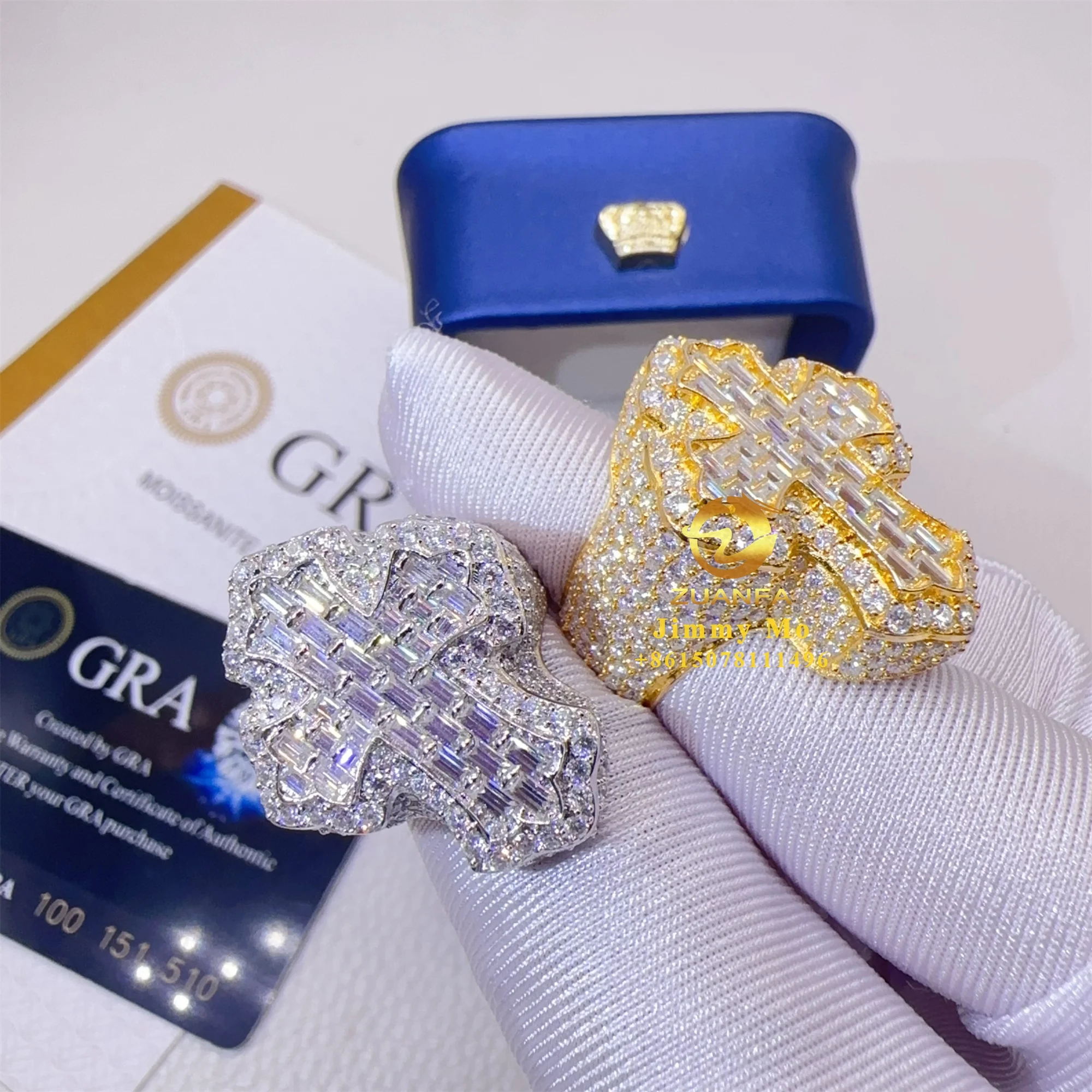 

New Arrivals GRA Certificates Pass Diamond Tester White Gold Plated 925 Silver Hip Hop VVS1 Moissanite Diamond Cross Ring Man