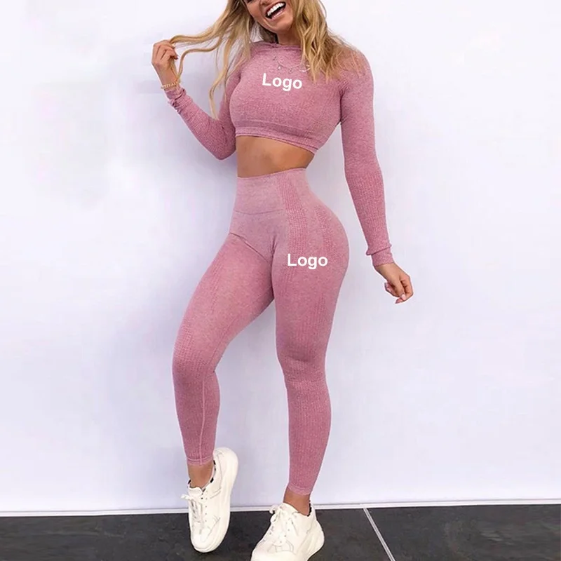 

2021 Custom logo fitness gym short sets active wear womens tracksuit crop seamless long sleeve 3 piece yoga set