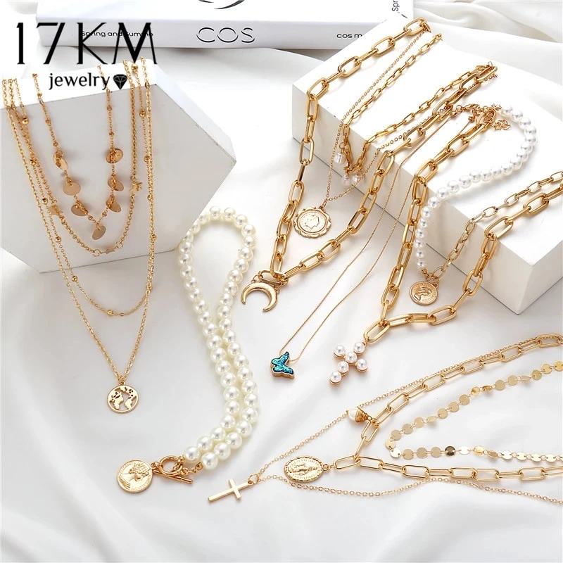 

Bohemian Gold Necklaces Multilayer Fashion Pearl Pendants Necklace Portrait Chokers 2020 Trendy New Jewelry Gift For Women