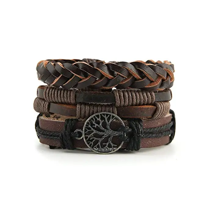 

3 Wrap Tribal Leather Wristbands Bracelets for Men, Black and brown