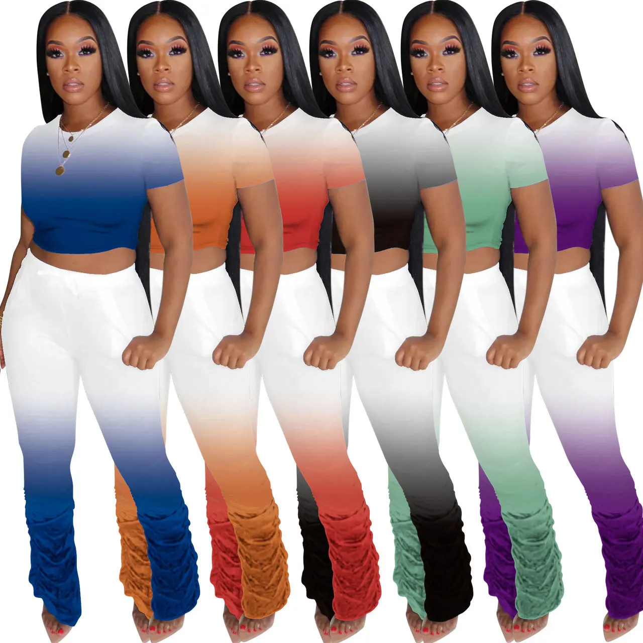 

20801-MX67 pretty Gradient crop top stacked pants 2 piece sets women sehe fashion