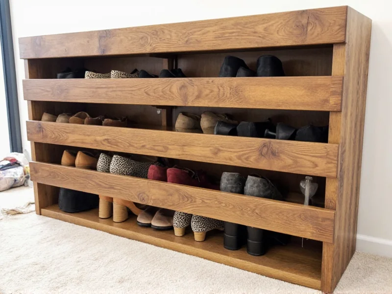 DIY reclaimed wood shoe organizer holding 15 pairs
