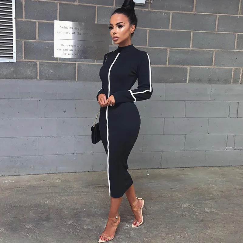 Wholesale new fashion casual dresses women long sleeve contrast color long ladies bodycon dress