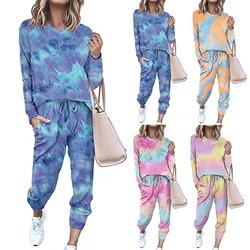 2021 dropshipping printed tie dye suit long sleeve loose home wear women clothing jogging suit casual 2 pieces women