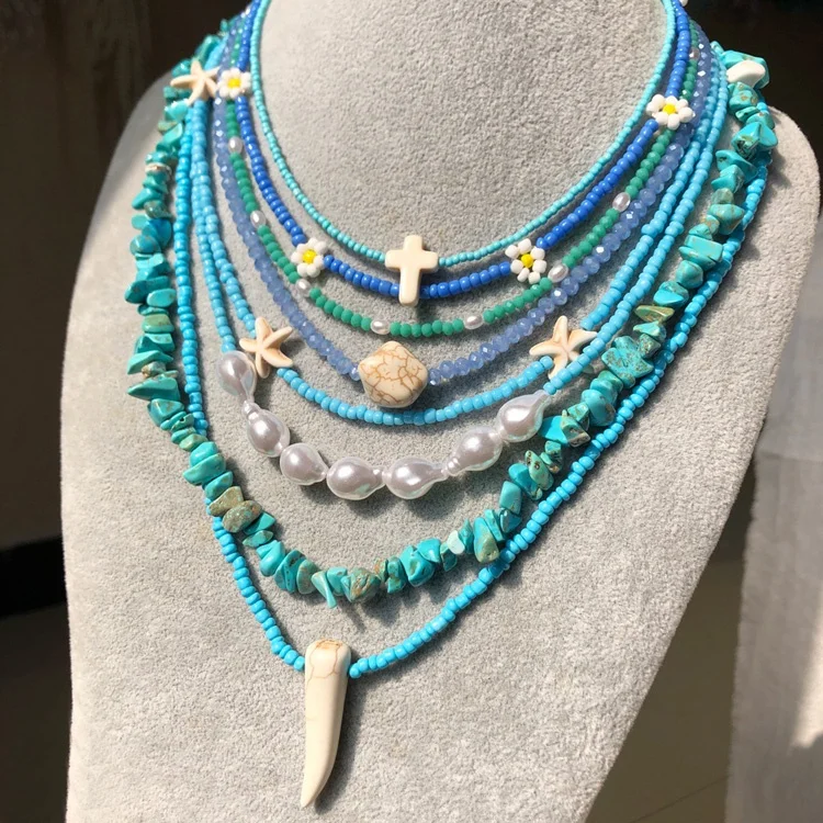 

Spring Summer Ethnic Style Natural Turquoise Beads Rice Beaded Woman Girls Multi Layers Boho Necklace Jewelry, As pictures