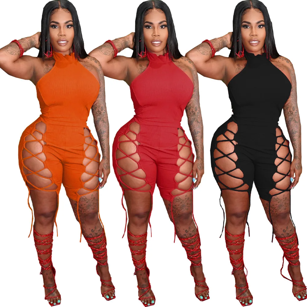 

2021 Women Stylish Fashionable Ribbed Jumpsuits Trending Clothes Ladies Woman One Piece Sexy Jumpsuits Hollow Out Bodysuits