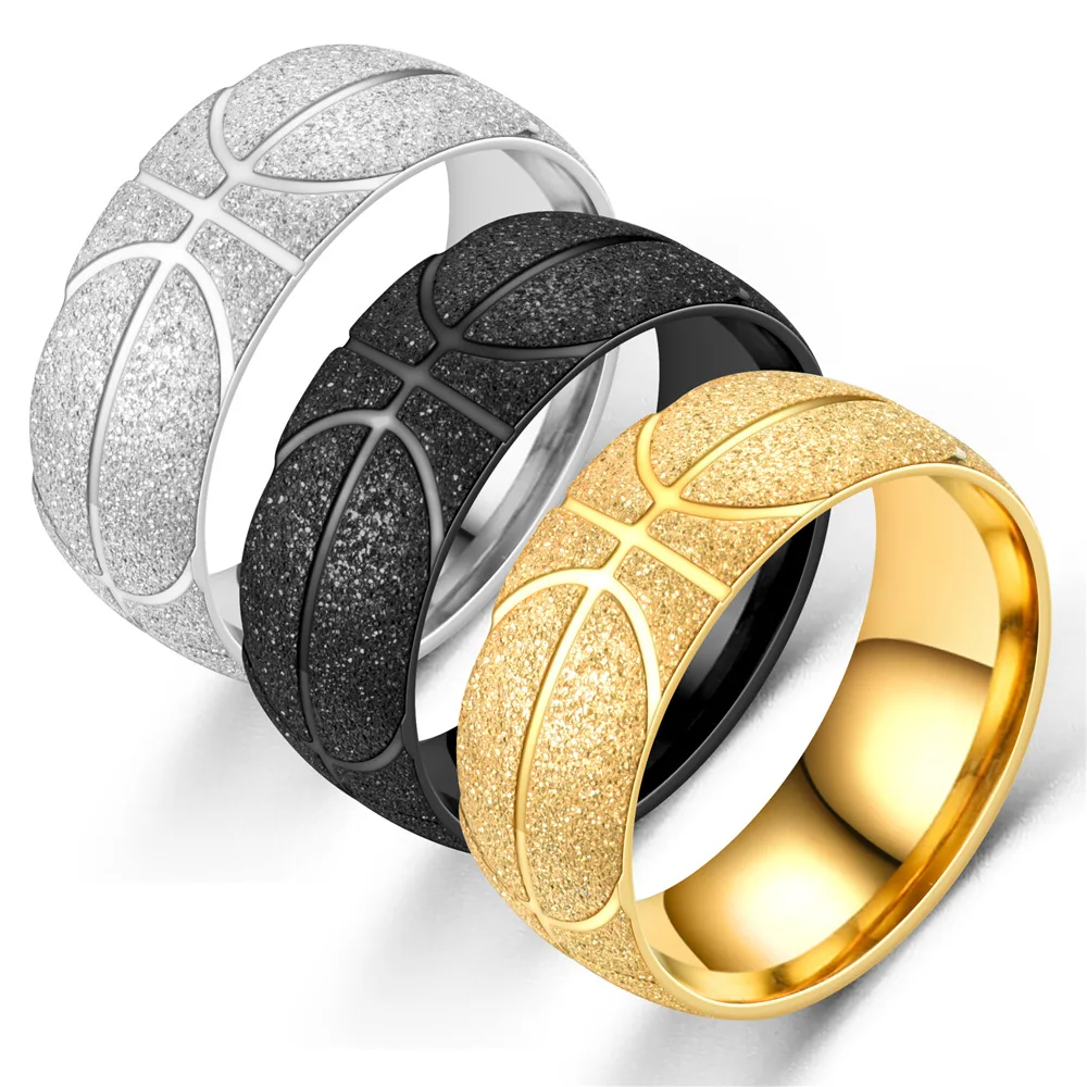 

New Men's Titanium Steel Jewelry Basketball Rings Sports Ring Stainless Steel Frosted Men's Ring Wholesale, As picture shows