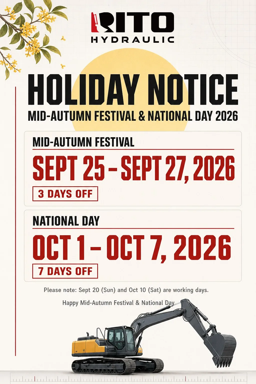 RITO Hydraulic Holiday Notice Mid-Autumn Festival and National Day 2026