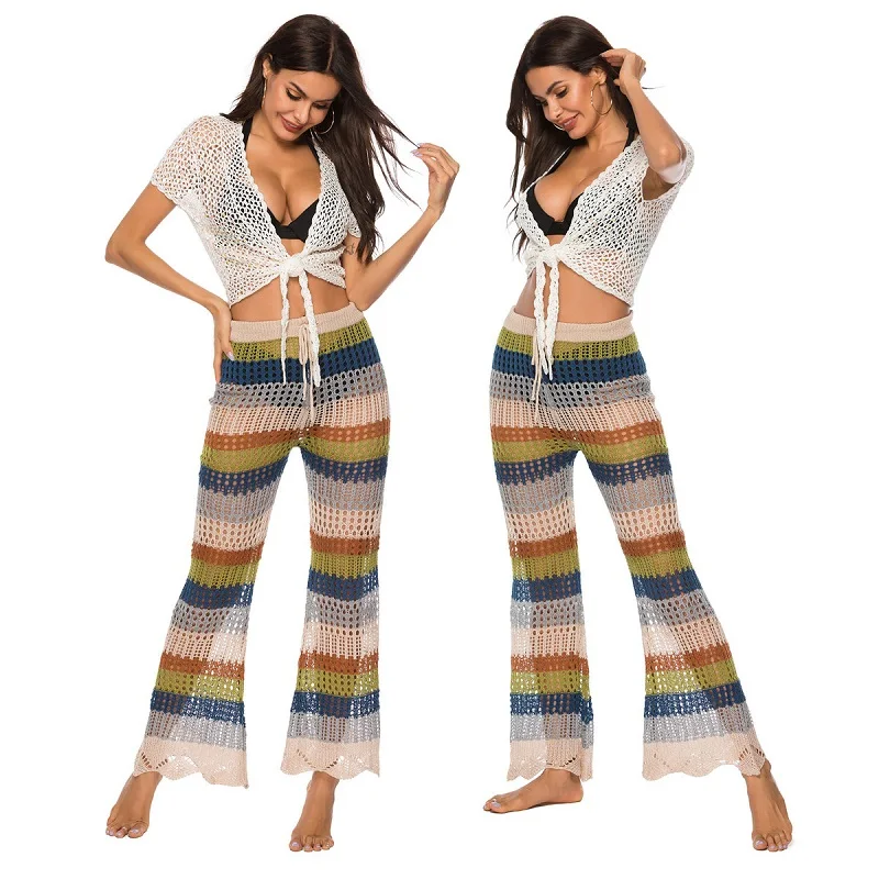

Womens Hollow horn beach pants High waist Drawstring Multicolor Crochet beach pants Bikini Cover Up Pants