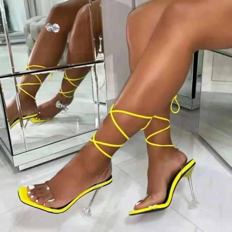 

New Fashion Yellow Square Toe Transparent Heel Weave Strap High Heels Shoes Sandal For Women, Black, white