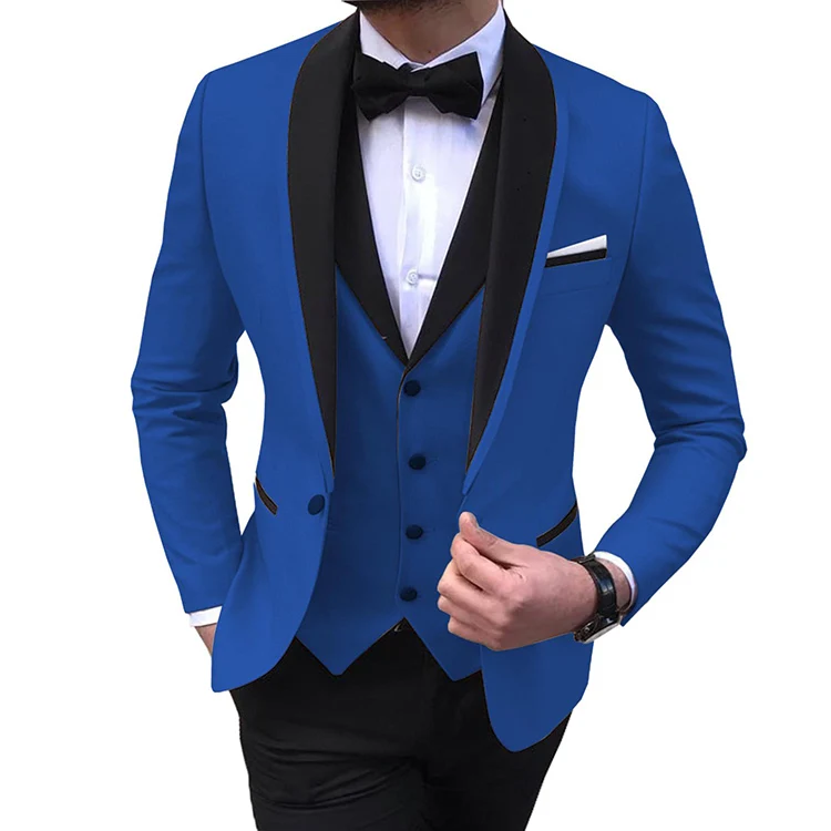 

Slim Fit Blue Men Suits 3 Pieces Black Shawl Lapel Casual Tuxedos for Wedding Groomsmen Burgundy Suit for Men (Blazer+Vest+Pant), Customized color