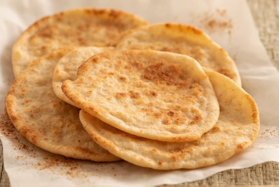 Close-up of golden brown cinnamon sugar tortilla wedges arranged in a circular pattern on white plate with cinnamon stick garnish