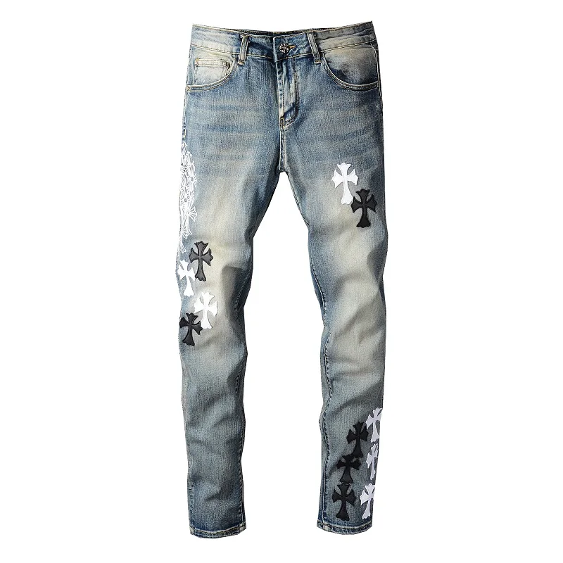 

Fashion New Design Amirys Balmainys Paris Hot-sell Ripped Vintage Elastic Breathable Long Pants Men's Denim Jeans, Light blue