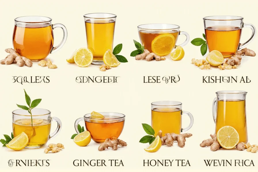 Various ginger tea variations with lemon slices and honey