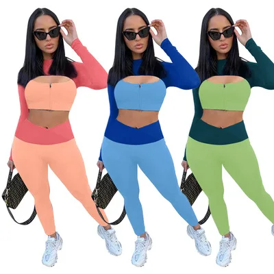 

2021 New Fall Patchwork 2 Piece Set Hollow Out Crop Tube And High Waist Pants Suit Women's Sport Yoga Set