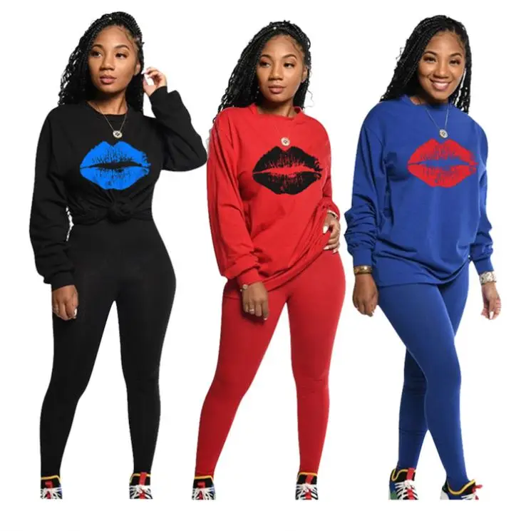 10AF164 hot casual pattern print solid color fall women two piece pant suit clothing set
