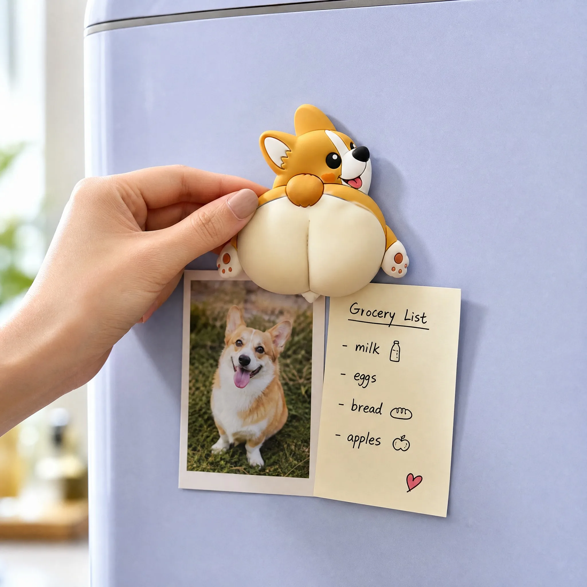 3D Corgi Butt Magnet Holding Pet Photo and Grocery List Memo on Purple Refrigerator Door