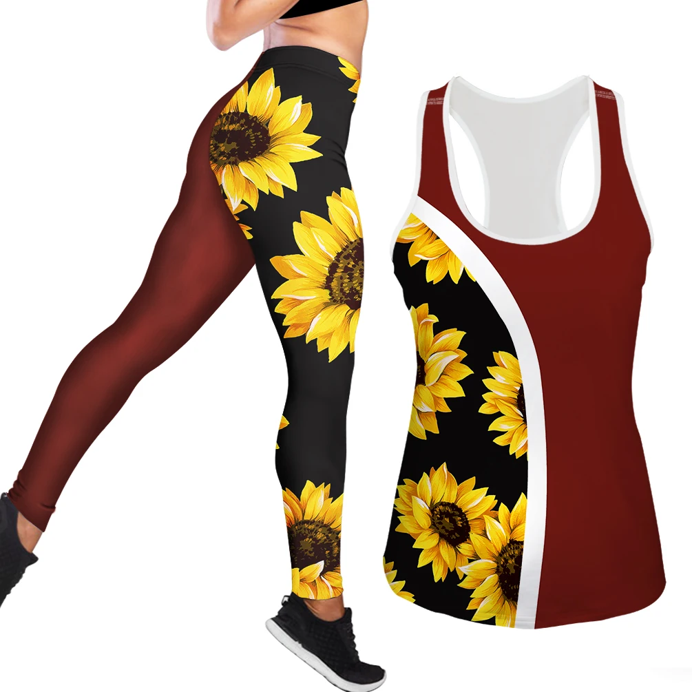

Custom Made Brown Sunflower Full of Printed Sports Fitness Leggings Match Sports Vest Quick Dry 2Pcs Sportswear Dropshipping, Customized color