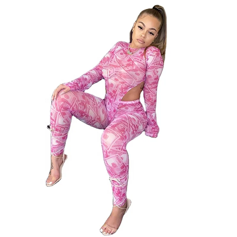 

Womens 2 Piece Club Outfits Money Print Bodysuit and Leggings