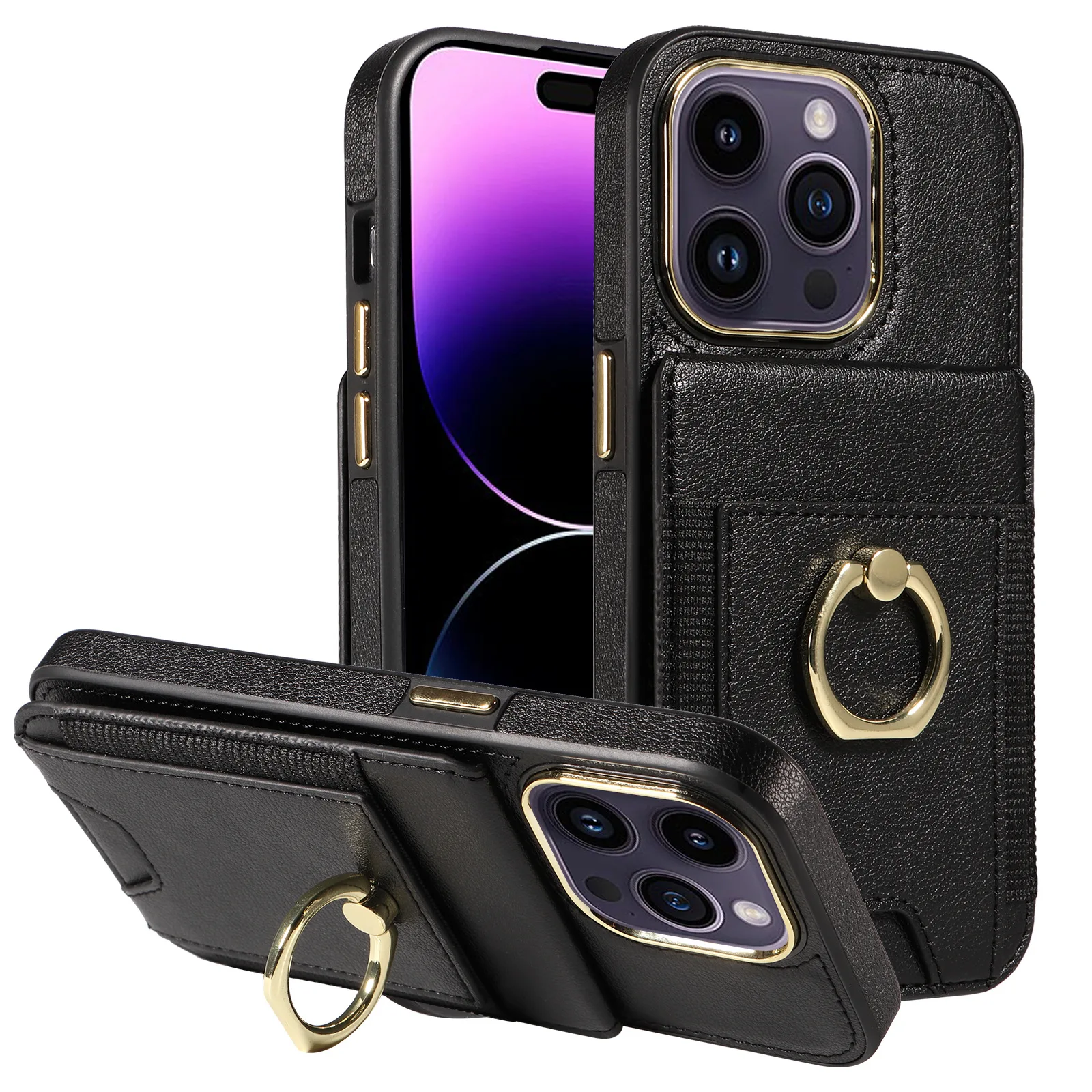 Multifunction card slots wallet PU leather back cover phone case for iphone 15 pro with ring holder case for iphone 15 pro max