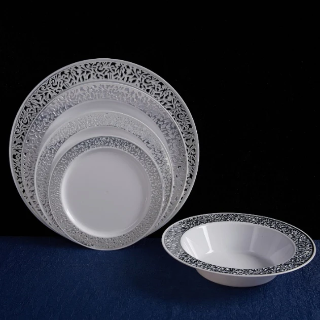 

Eco-friendly High Quality PS Hollow out renewable Hotel Restaurant Serving plates bowls plastic tray, White gold