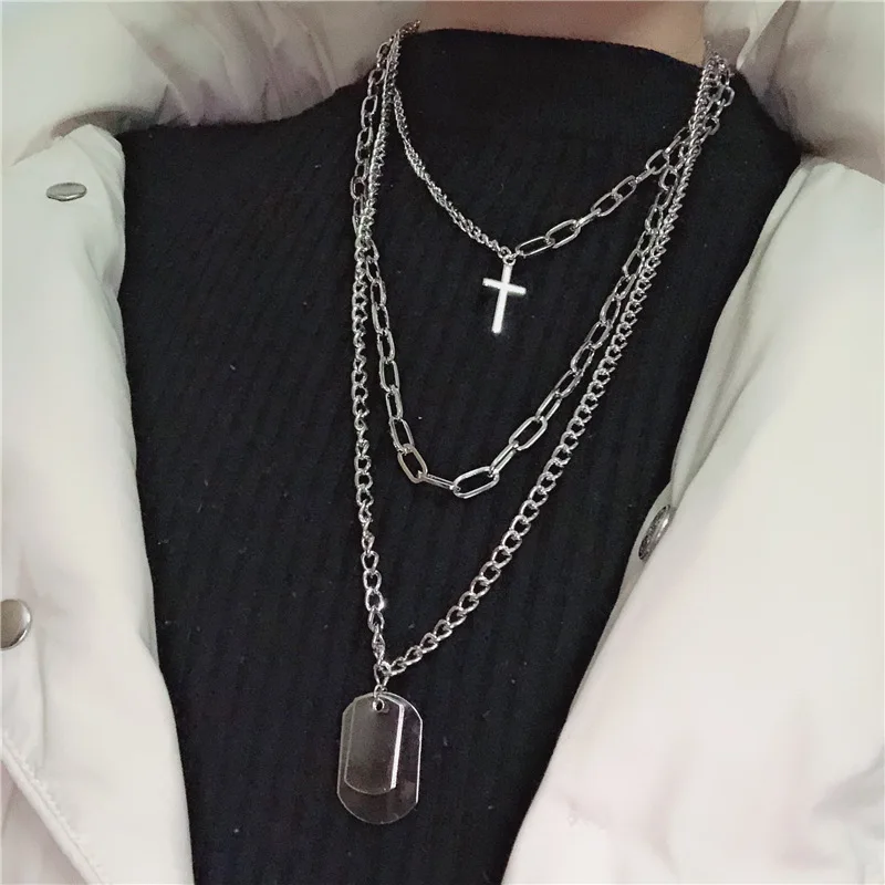 

Multilayers Punk Silver Chains Cross Necklace Couple Fashion Street Geometric Metal Pendant Necklaces for Women, Sliver