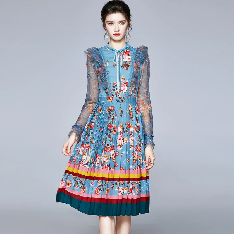 

2021 New Autumn Elegant Patchwork Long Sleeve Lace Ruffled Floral Dress Casual Women Fashion Tight A Line Party Dresses Clothes, Blue