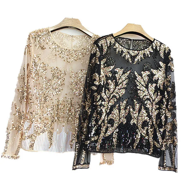 

with Pearls Black Flower Beading Or Top 2020 Tops Shirt Women Fall Embroidery Sequin Blouse, Picture color