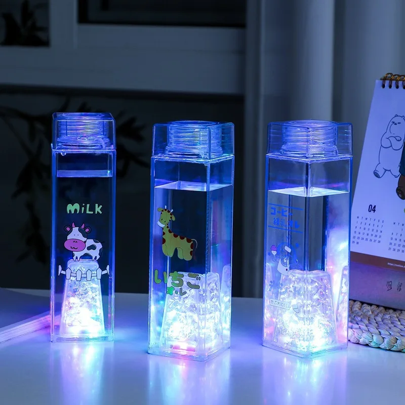 

Seaygift Fashion student creative night lights sports portable square shaped plastic water bottle clear milk carton water bottle, Red/black/white/green/purple/yellow