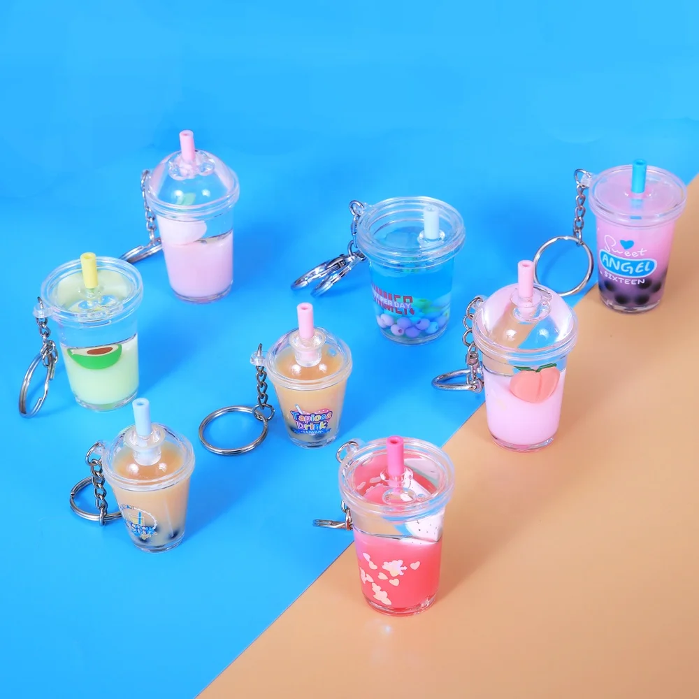 

Funny Water Mini Bubble Tea Cups Keychain Liquid Boba Tea Keychain Filler for Women Cute Gifts
