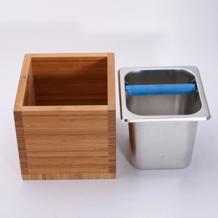 

Wholesale Custom Best Stainless Steel Barista Espresso cafe Coffee grind wood coffee knock box bin