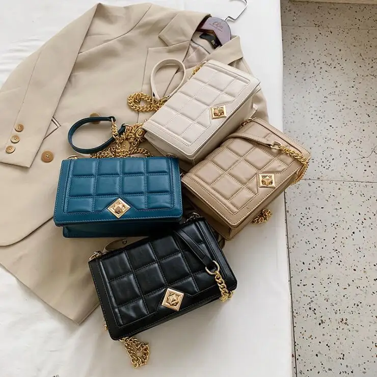 

New solid color metal chain girls pu leather shoulder purse and handbags ladies luxury square fashion bags for women, 4 color
