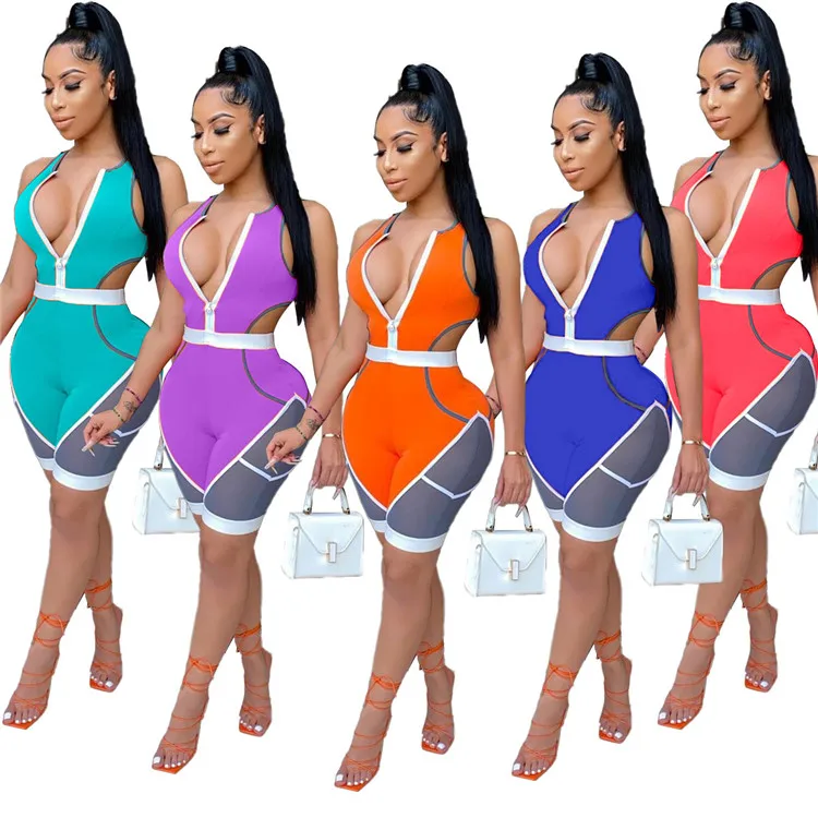 

Hot selling latest hollow out sexy nightclub sleeveless sport contrast color splice leisure bodysuit jumpsuit