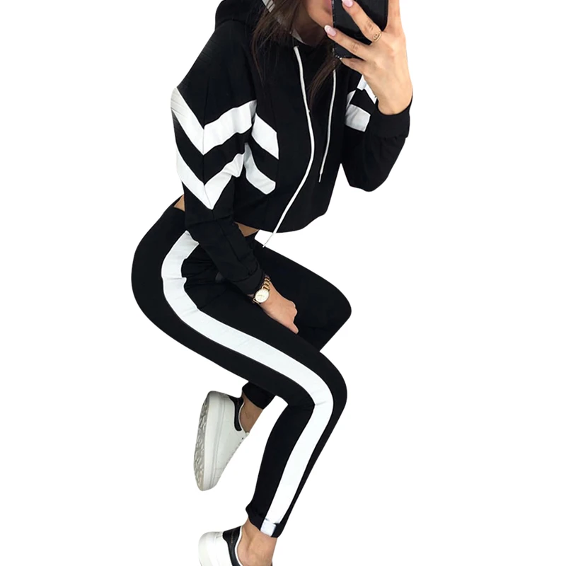 

Women's Fashion 2 Piece Set Tracksuit Sleeve Patchwork Top Pants Jogging Suits Sportswear