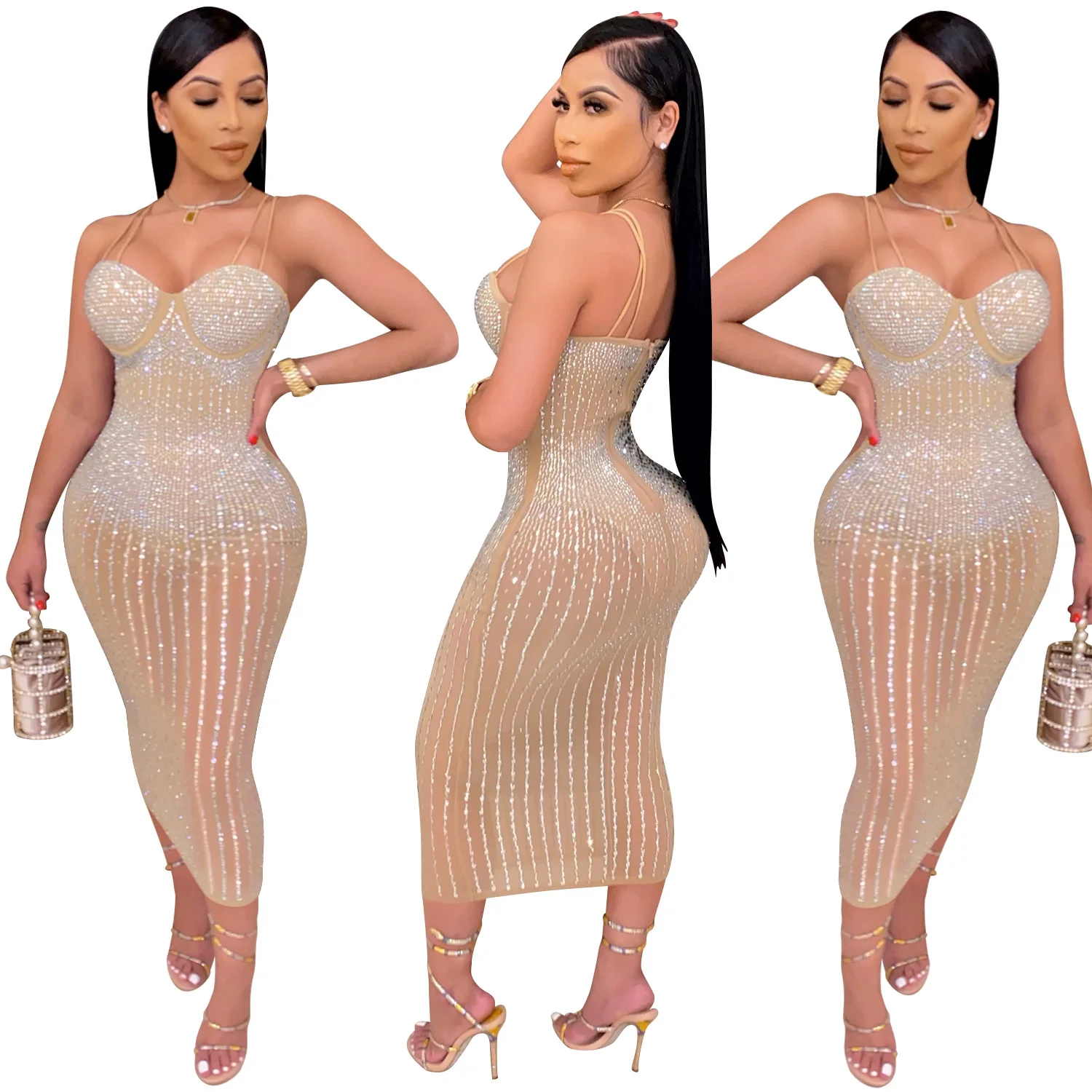 

2021 New Arrival Summer Fashion Women's Party Nightclub Dress Evening Transparent Plus Size Dress Sexy Sequins Prom Dresses