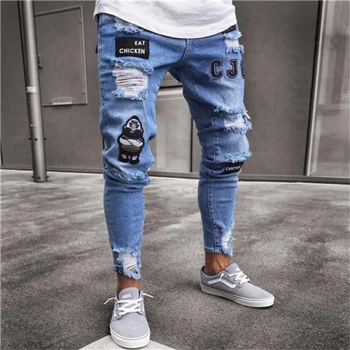 Fashion-Men-Jeans-Hip-Hop-Cool-Streetwear-Biker-Patch-Hole-Ripped-Skinny-Jeans for man jeans