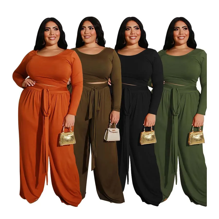 

Foma FM-21259 womens solid color knit casual fall clothing plus size two 2 piece set long sleeve top and pants, 4 colors