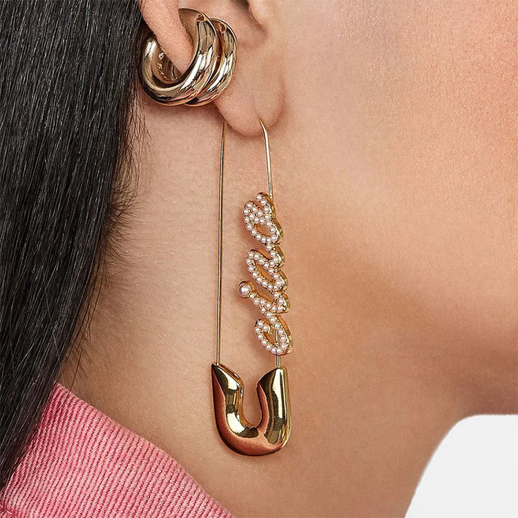 Fashion Stainless Steel CZ Diamond Letter Alphabet Large Safety Pin Earrings