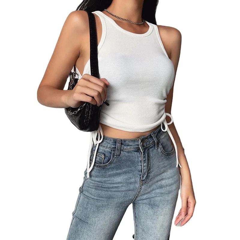 

Hot Sale Summer cotton Ladies camisole sleeveless Girl vest fashion drawstring ruched womens shirts and tank tops, As pictures