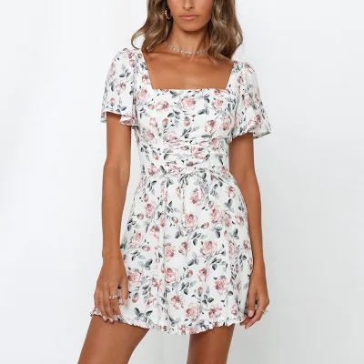 

Elegant Square Neck 2020 Mini Short Sleeve Floral Printed Women Dresses