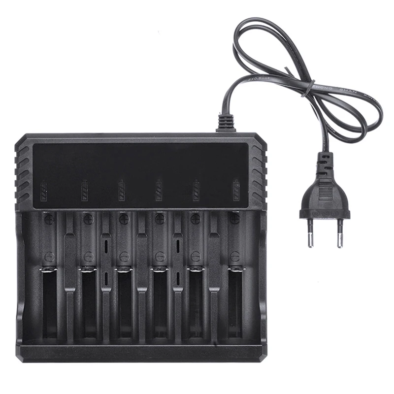 

EU Plug Li-ion Battery Charger 6 slot 3.7V 18650 26650 li-ion Rechargeable Battery charger Fast Charging Base, Black