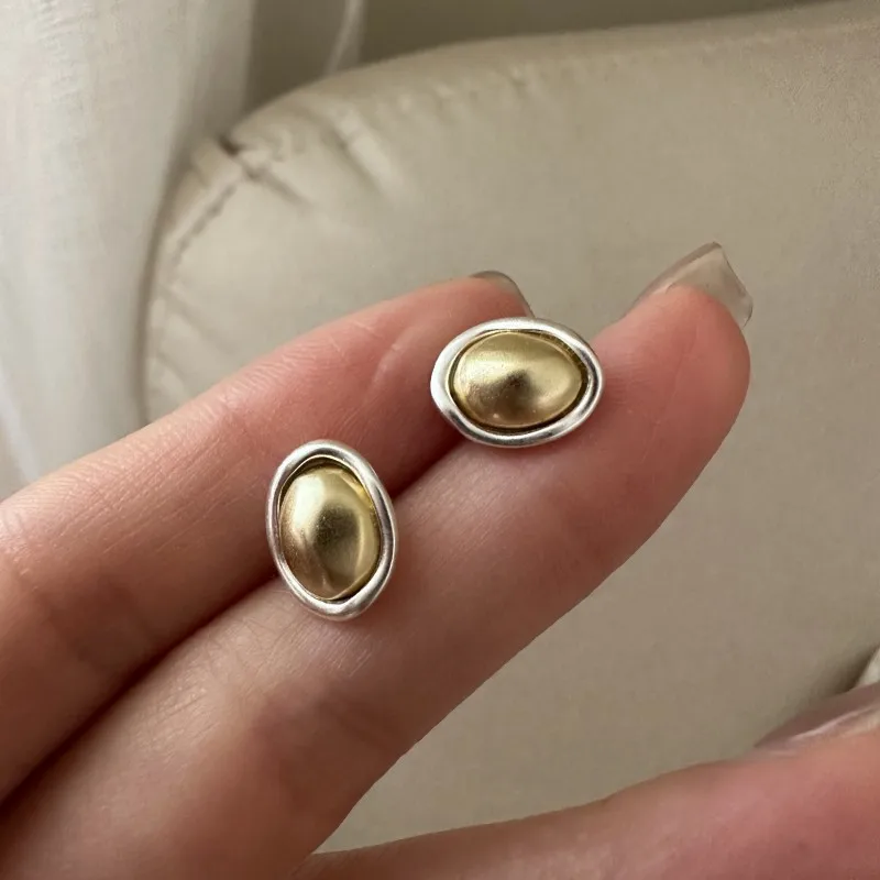Vintage 925 Sterling Silver Gold Color Geometric Bean Shape Stud Earrings for Women