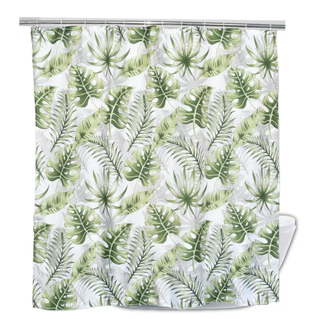 

Waterproof Bath Fabric Green Tropical Plant Palm Leaves Modern Shower Curtain, White and green