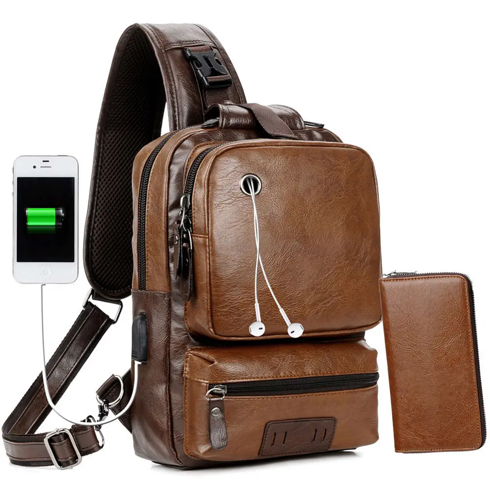 

Hot Selling Mens Outdoor Leisure Crossbody Bags Chest Pu Leather purse Travel Sling chest bags for men