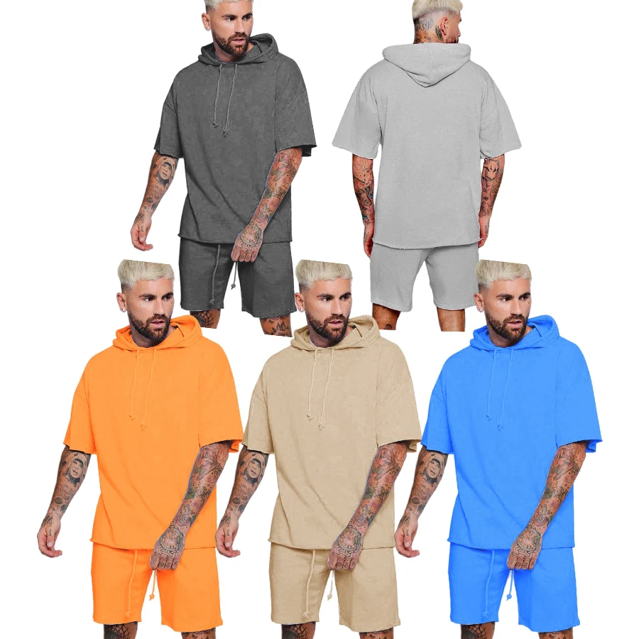 

2021 Summer Custom light weight solid man 100% cotton hoodie jogger shorts set men sweatsuit 2 Pc Two piece short Set, 5 colors