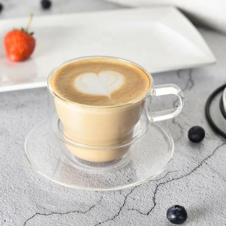 

Thermal Double Wall Glass Coffee Stackable glass Cup Mug 200ml with saucer