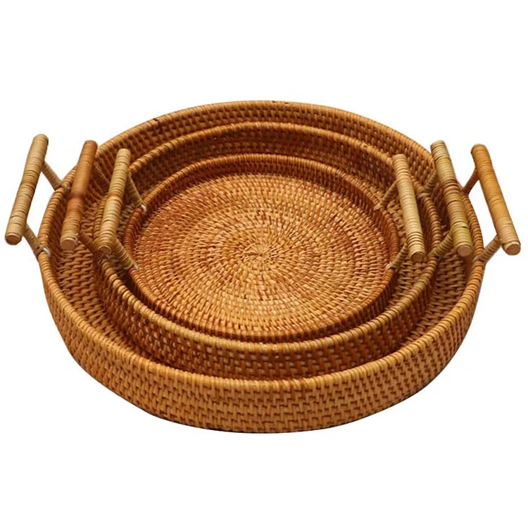 

Wholesale New Products 100% Handmade Natural Eco-friendly Hotel Kitchen Rattan Serving Basket Tray with Handles, Natural color