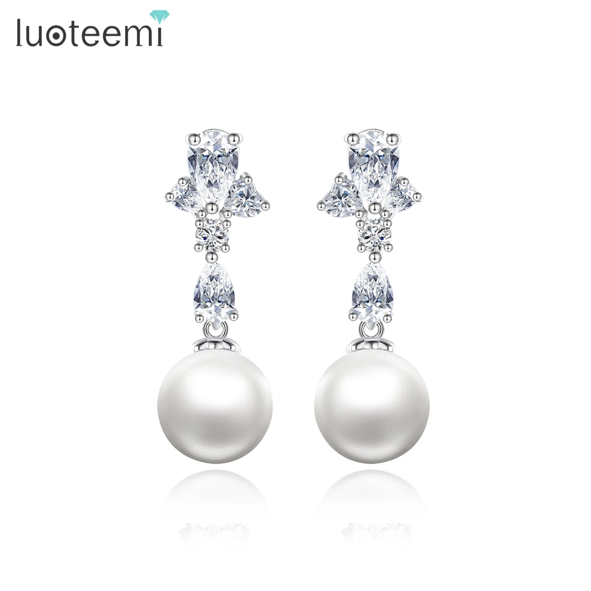 

LUOTEEMI Cubic Zirconia Luxury Wedding Earing Elegant Designer Diamond Bridal Dangle Pearl Drop Earrings