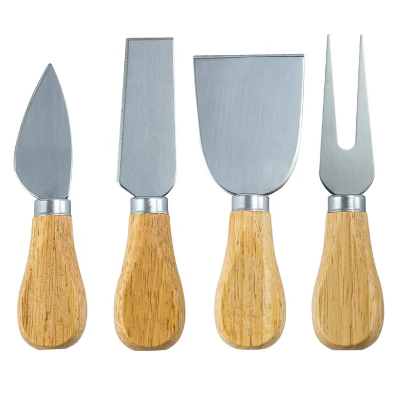 

Kitchen Cheese Tool 4 Pieces Set Wood Bamboo Handle Stainless Steel Butter Cheese Knife, As picture